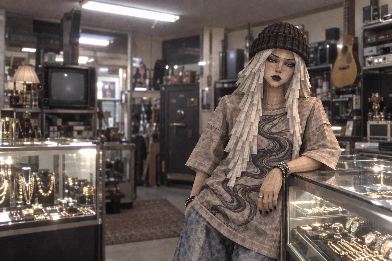 Apotheka, a deadpan low-poly PS2-era game girl in a beanie and an oversized beige tee, leaning on a glass jewelry counter in a photoreal early-2000s pawn shop.